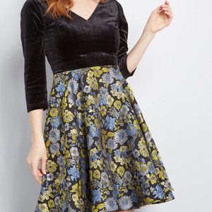 ModCloth Cropped Sleeve Fit and Flare Dress with Jacquard Skirt